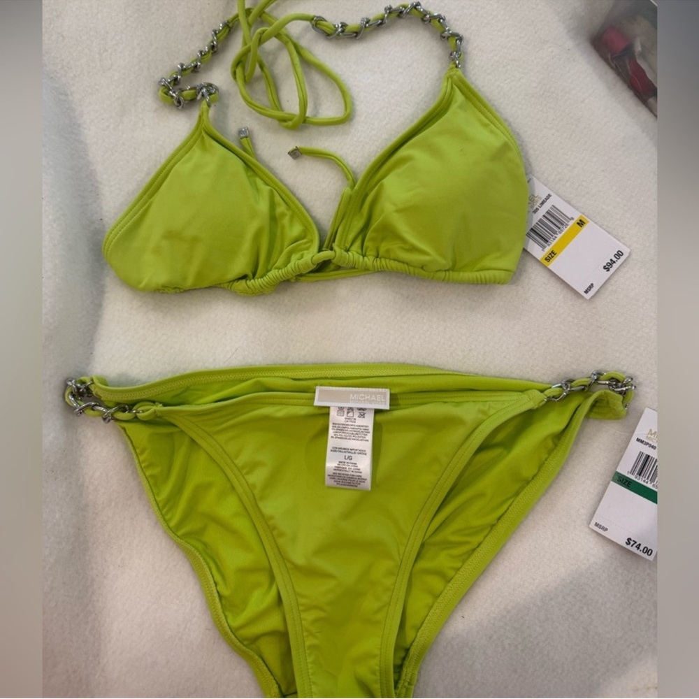 NWT Michael Kors neon Limeade Triangle chains String Bikini Top M Bottom L - Picture 5 of 15